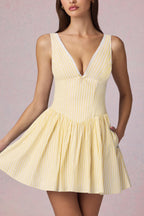 Chic Bow-Detail A-Line Mini Dress in Lemon Yellow Stripe