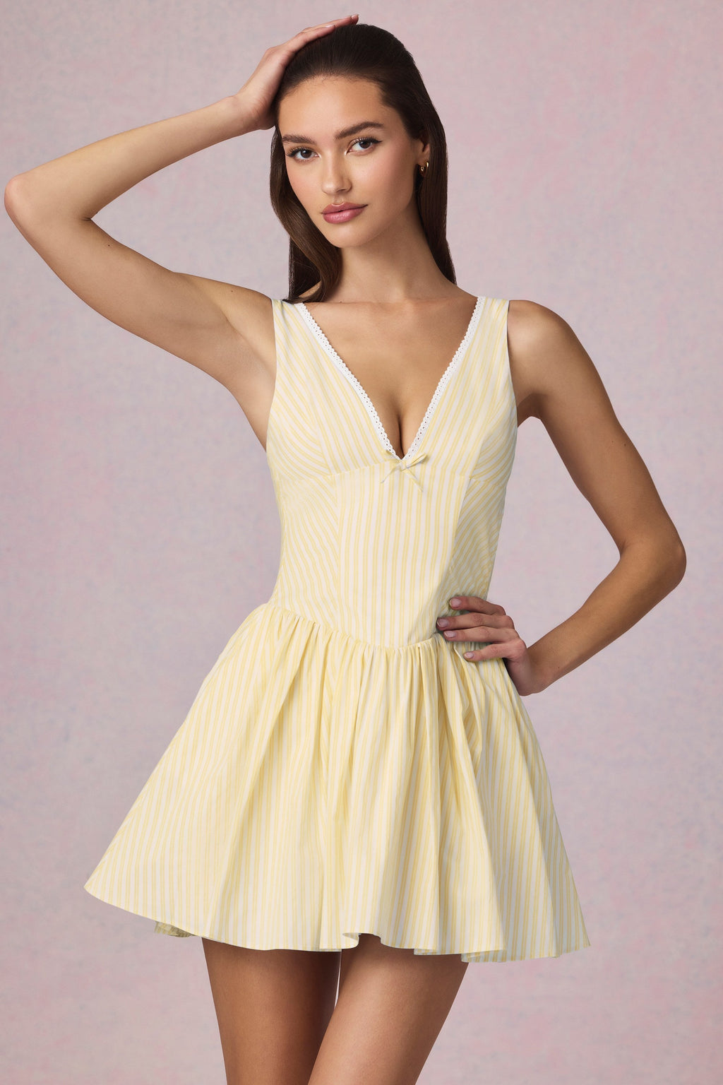 Chic Bow-Detail A-Line Mini Dress in Lemon Yellow Stripe