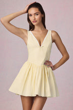 Chic Bow-Detail A-Line Mini Dress in Lemon Yellow Stripe