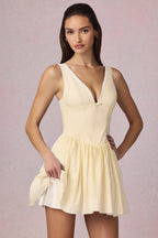 Chic Bow-Detail A-Line Mini Dress in Lemon Yellow Stripe