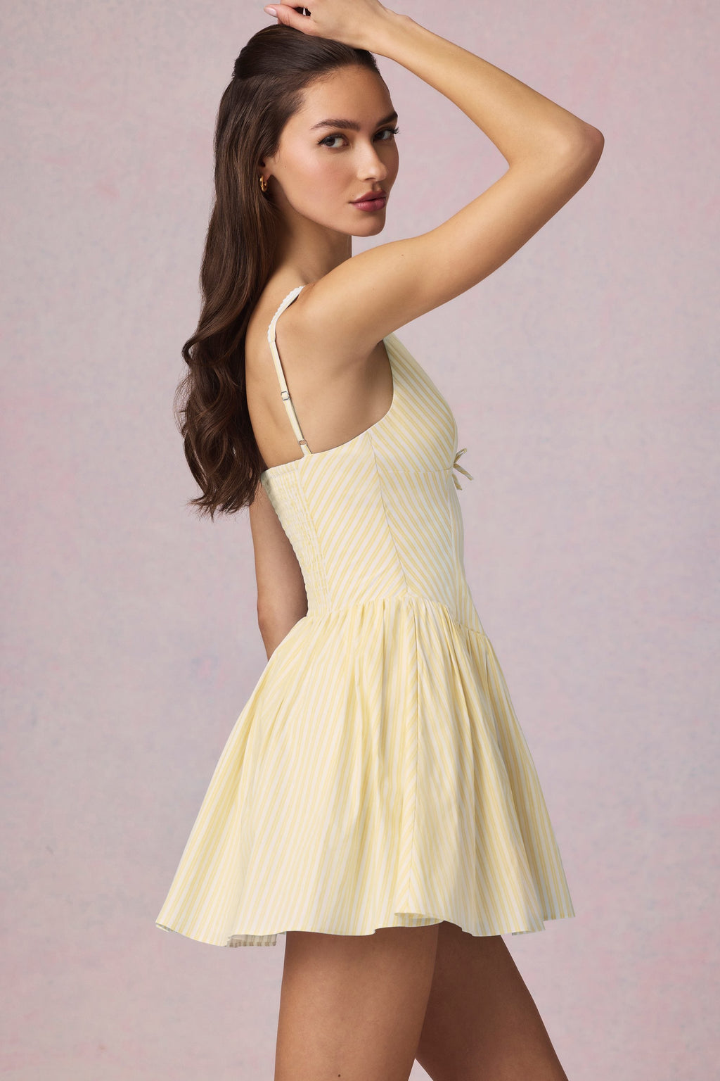 Chic Bow-Detail A-Line Mini Dress in Lemon Yellow Stripe