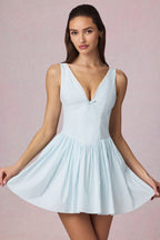 Chic Bow-Detail A-Line Mini Dress in Powder Blue Stripe