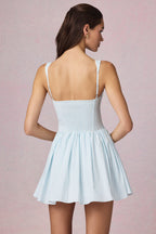 Chic Bow-Detail A-Line Mini Dress in Powder Blue Stripe