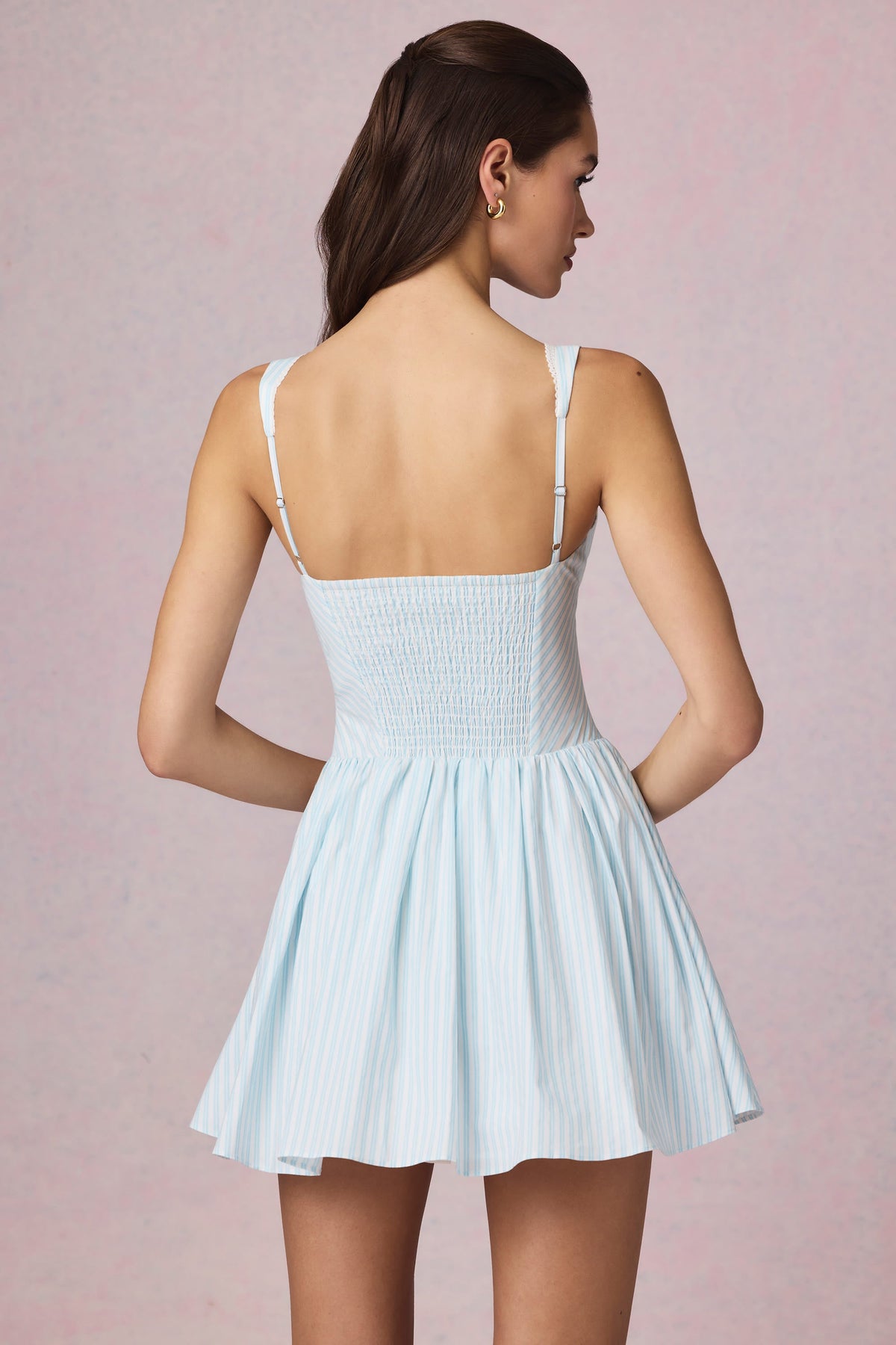 Chic Bow-Detail A-Line Mini Dress in Powder Blue Stripe