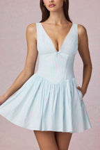 Chic Bow-Detail A-Line Mini Dress in Powder Blue Stripe