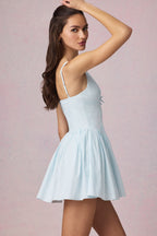 Chic Bow-Detail A-Line Mini Dress in Powder Blue Stripe