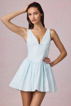 Chic Bow-Detail A-Line Mini Dress in Powder Blue Stripe