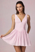 Chic Bow-Detail A-Line Mini Dress in Soft Mauve Stripe
