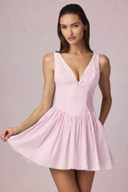 Chic Bow-Detail A-Line Mini Dress in Soft Mauve Stripe