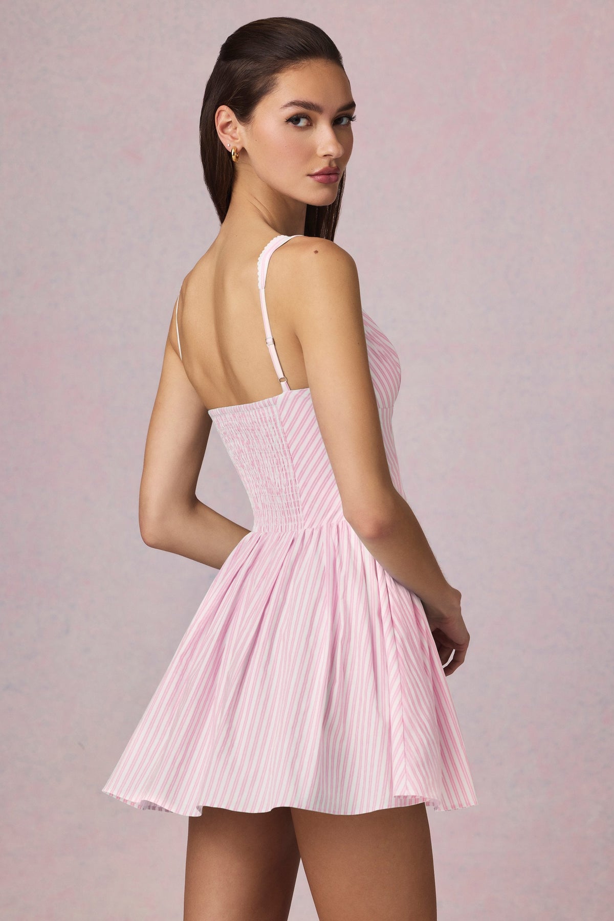 Chic Bow-Detail A-Line Mini Dress in Soft Mauve Stripe