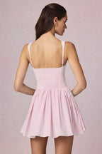 Chic Bow-Detail A-Line Mini Dress in Soft Mauve Stripe