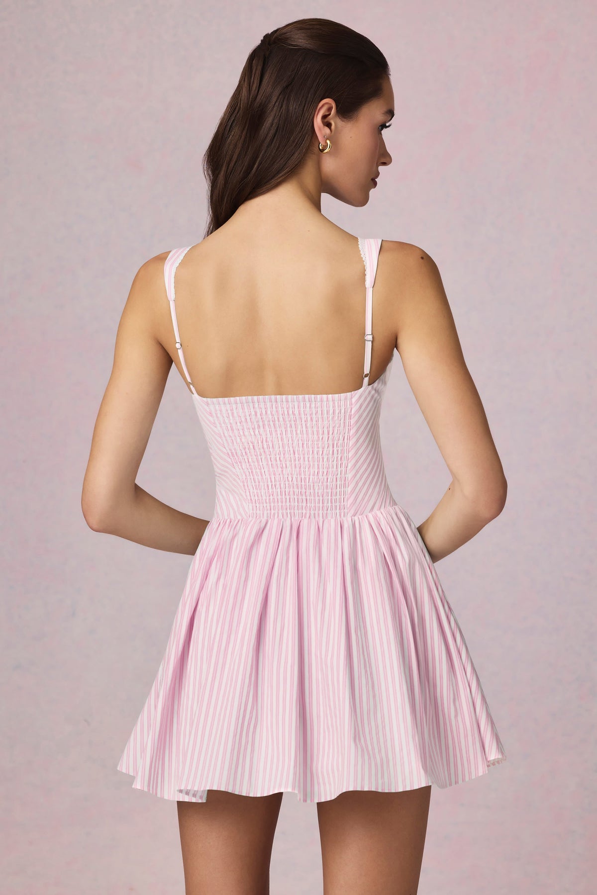 Chic Bow-Detail A-Line Mini Dress in Soft Mauve Stripe