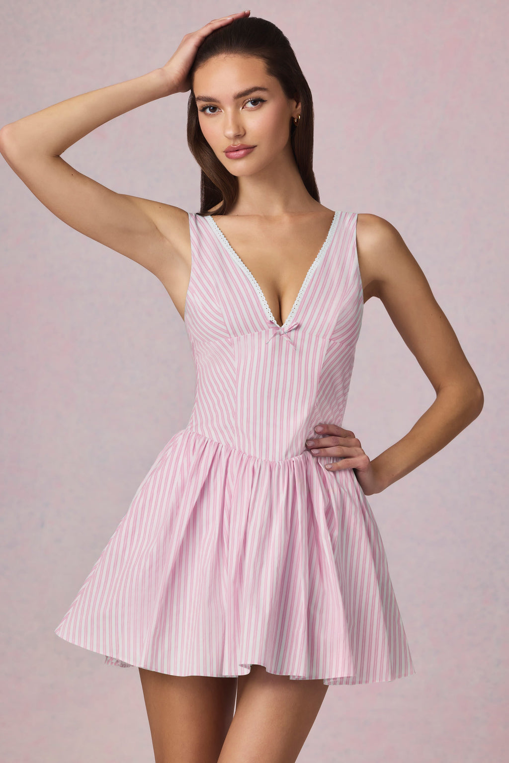 Chic Bow-Detail A-Line Mini Dress in Soft Mauve Stripe