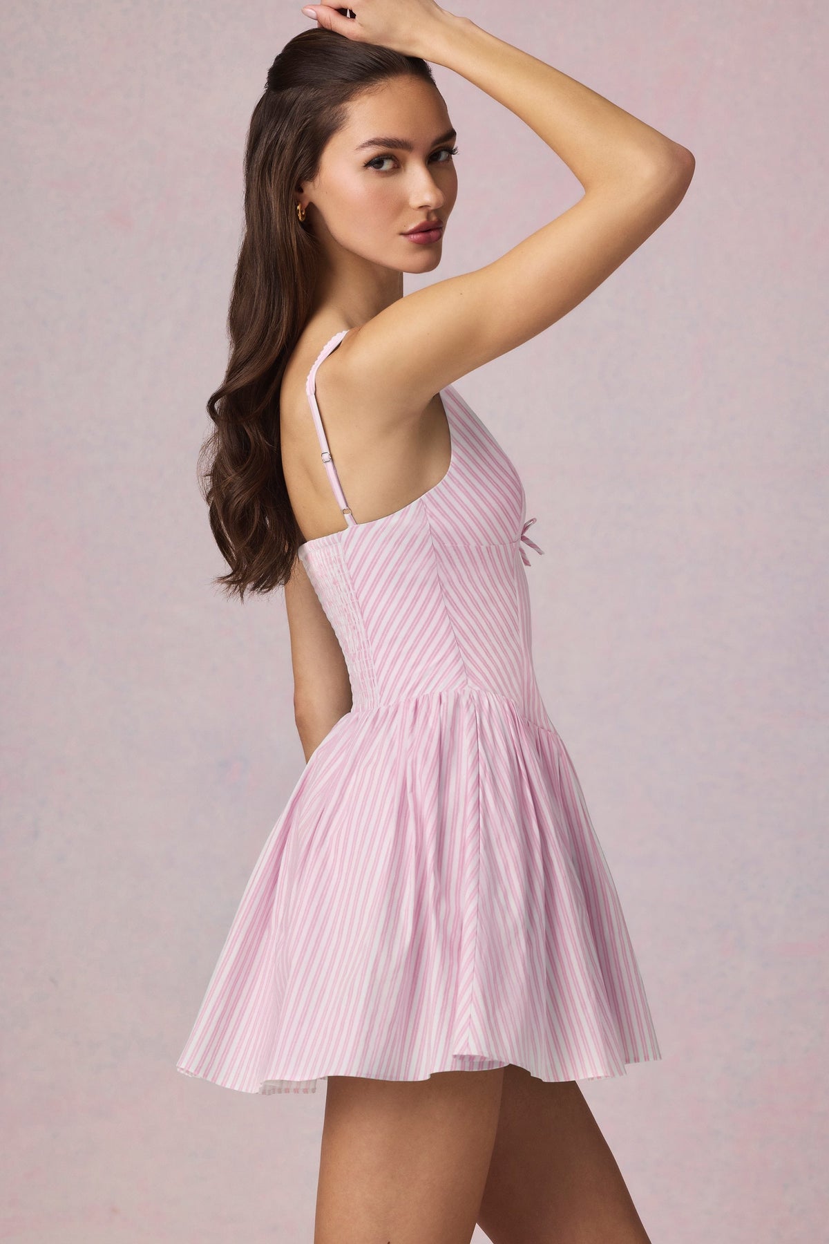 Chic Bow-Detail A-Line Mini Dress in Soft Mauve Stripe