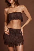 Chic Fringed Mid-Rise Mini Skirt in Chocolate Brown