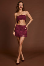 Chic Fringed Mid-Rise Mini Skirt in Wine Red