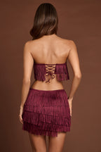 Chic Fringed Mid-Rise Mini Skirt in Wine Red