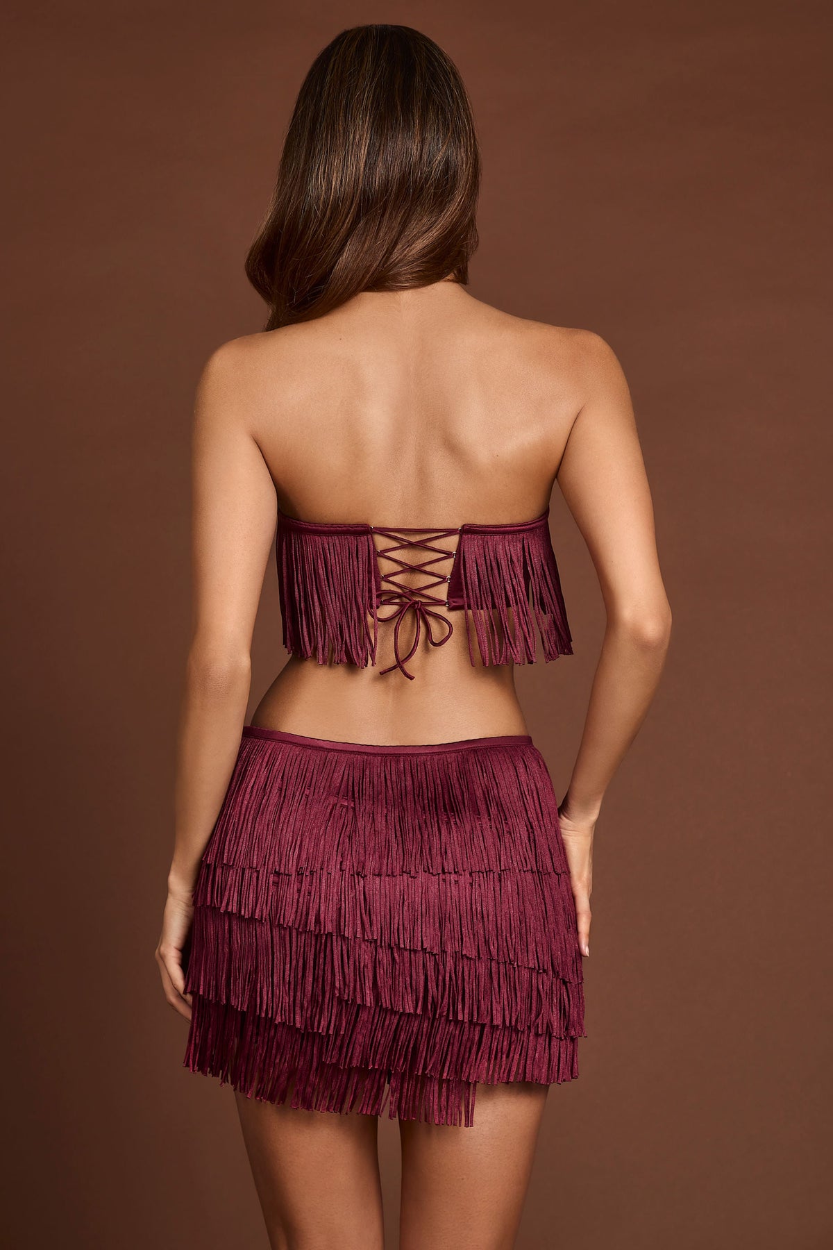 Chic Fringed Mid-Rise Mini Skirt in Wine Red