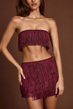 Chic Fringed Mid-Rise Mini Skirt in Wine Red