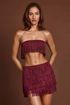 Chic Fringed Mid-Rise Mini Skirt in Wine Red