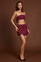 Chic Fringed Mid-Rise Mini Skirt in Wine Red