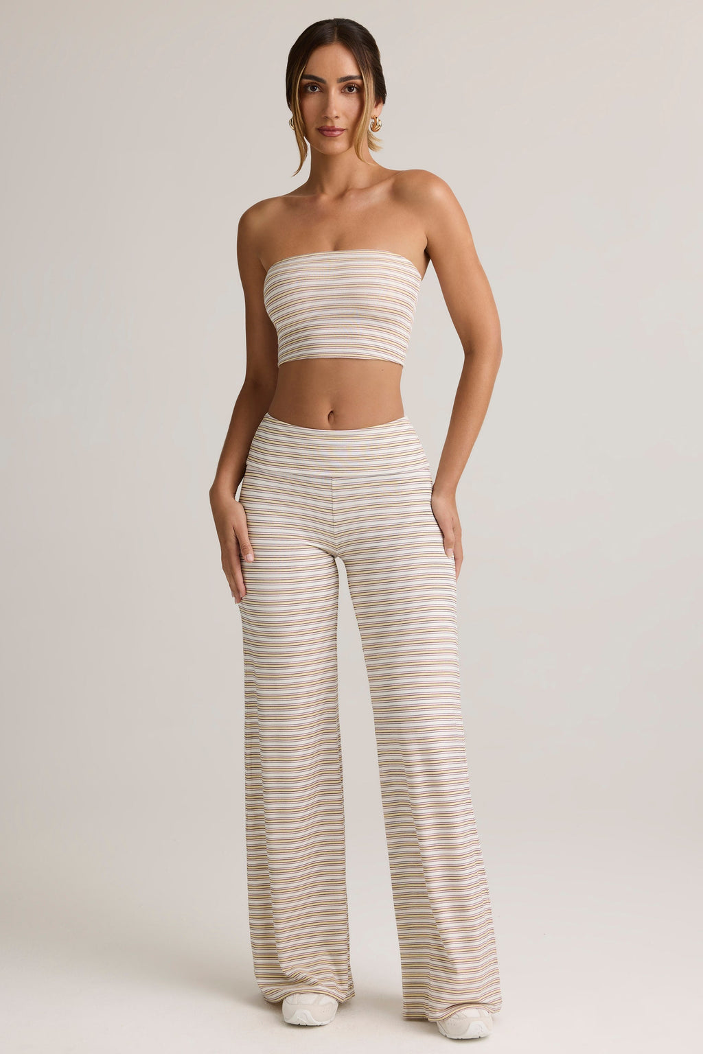 Chic Modal Foldover Wide-Leg Trousers in Pink & Yellow Stripe