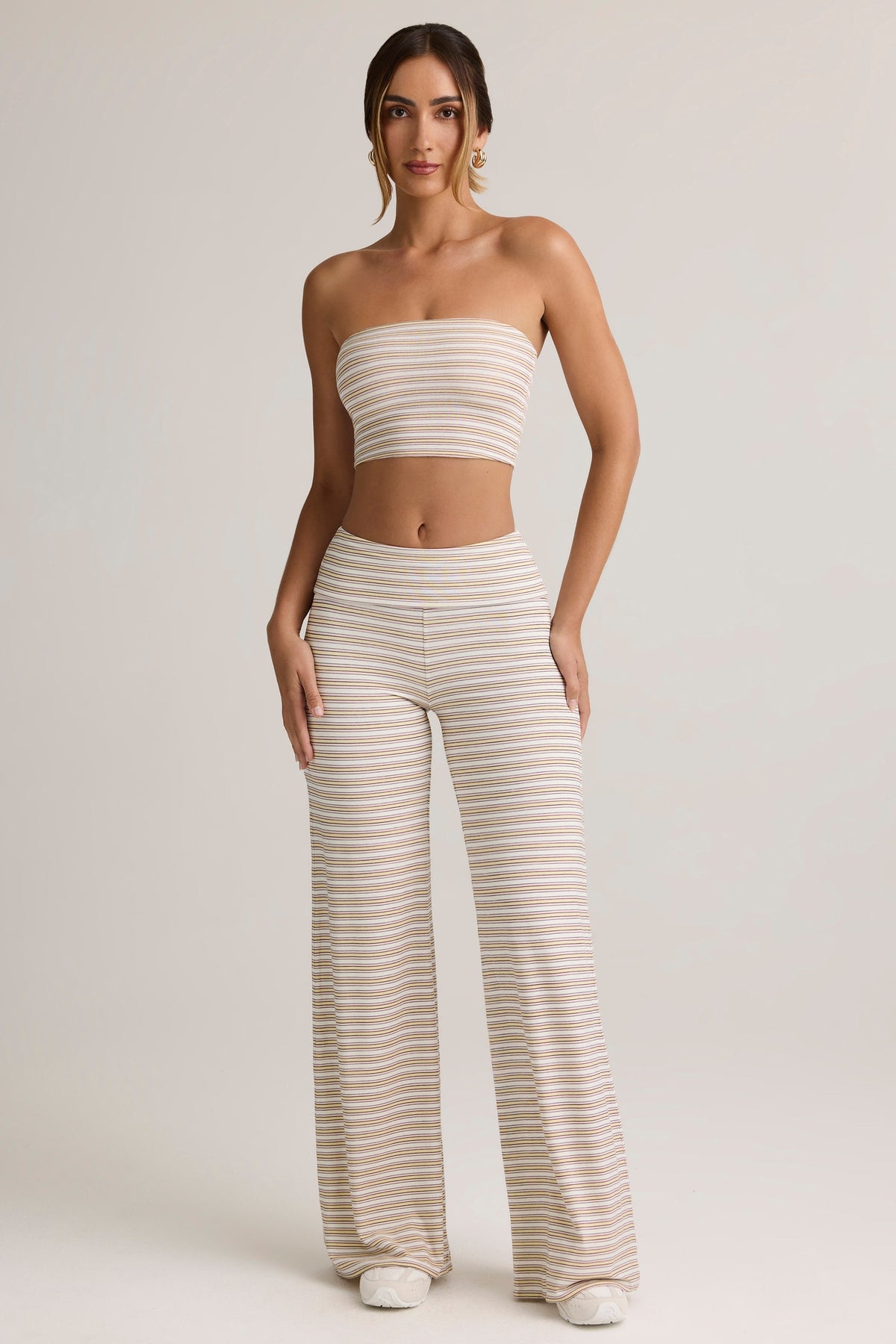 Chic Modal Foldover Wide-Leg Trousers in Pink & Yellow Stripe
