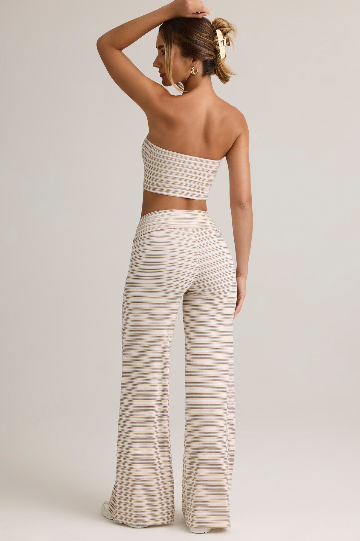 Chic Modal Foldover Wide-Leg Trousers in Pink & Yellow Stripe