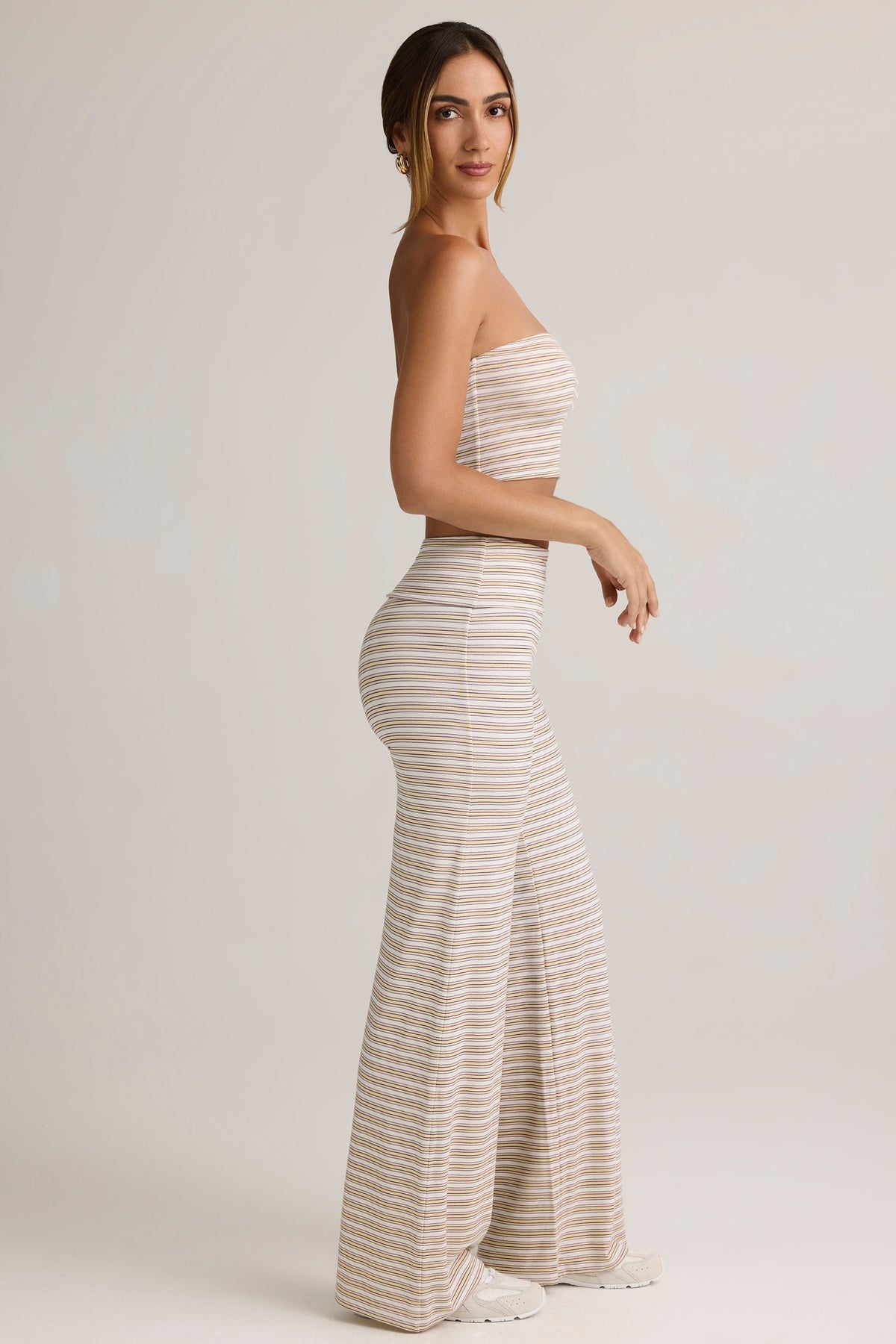 Chic Modal Foldover Wide-Leg Trousers in Pink & Yellow Stripe