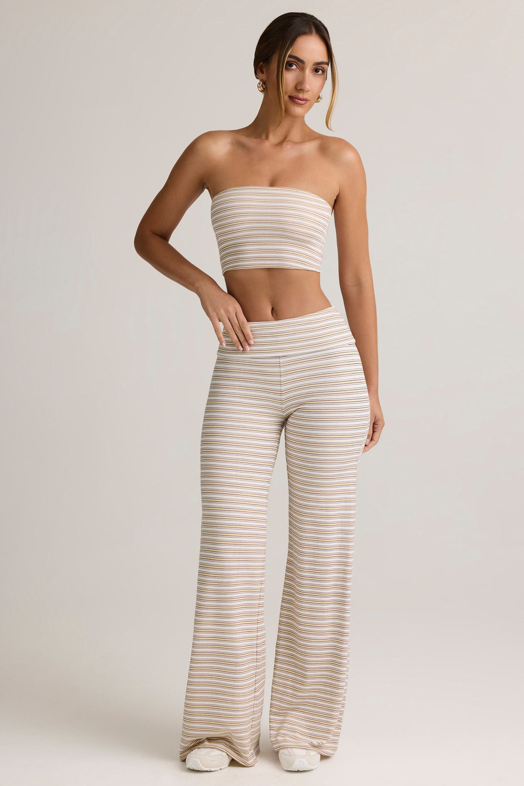Chic Modal Foldover Wide-Leg Trousers in Pink & Yellow Stripe