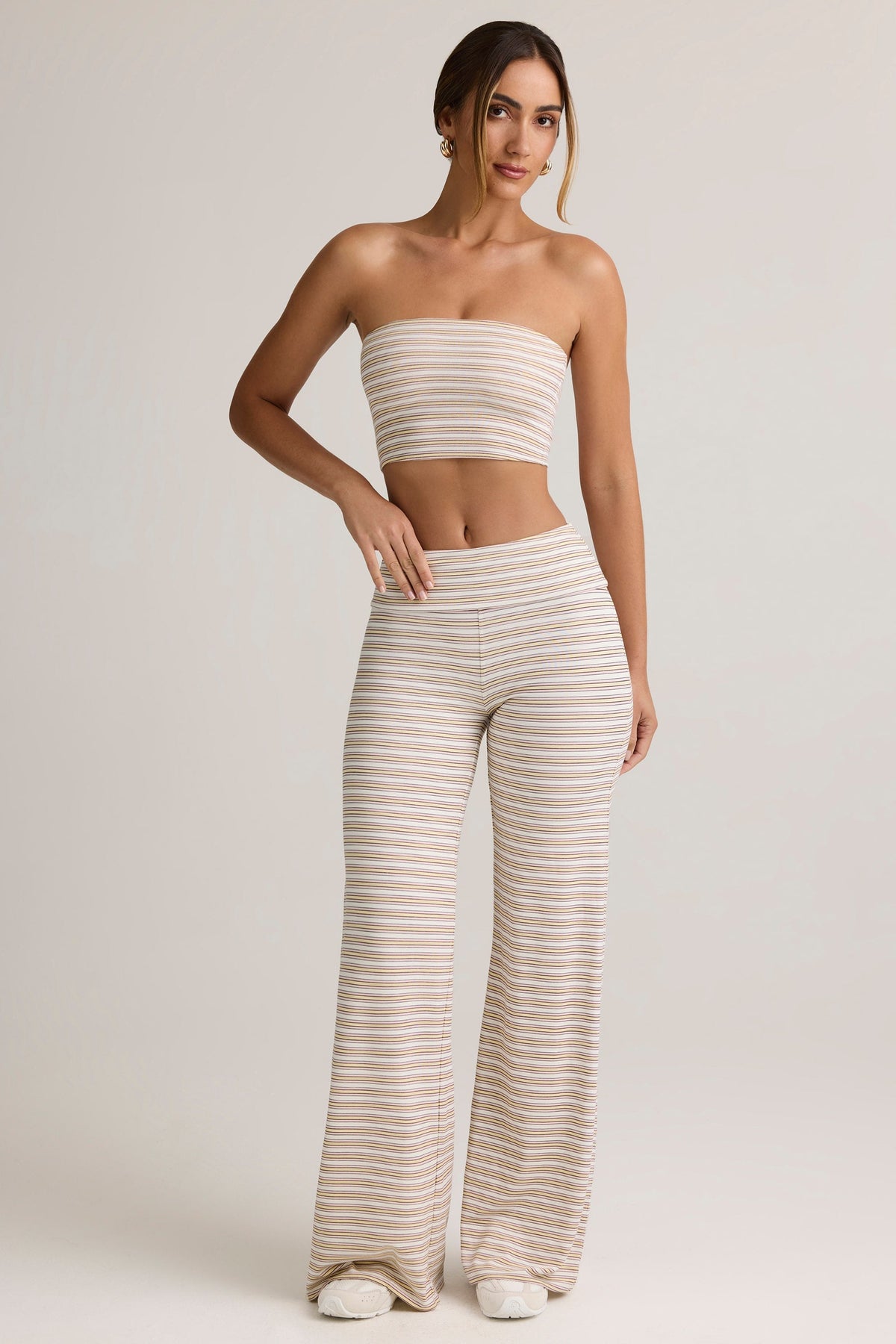 Chic Modal Foldover Wide-Leg Trousers in Pink & Yellow Stripe