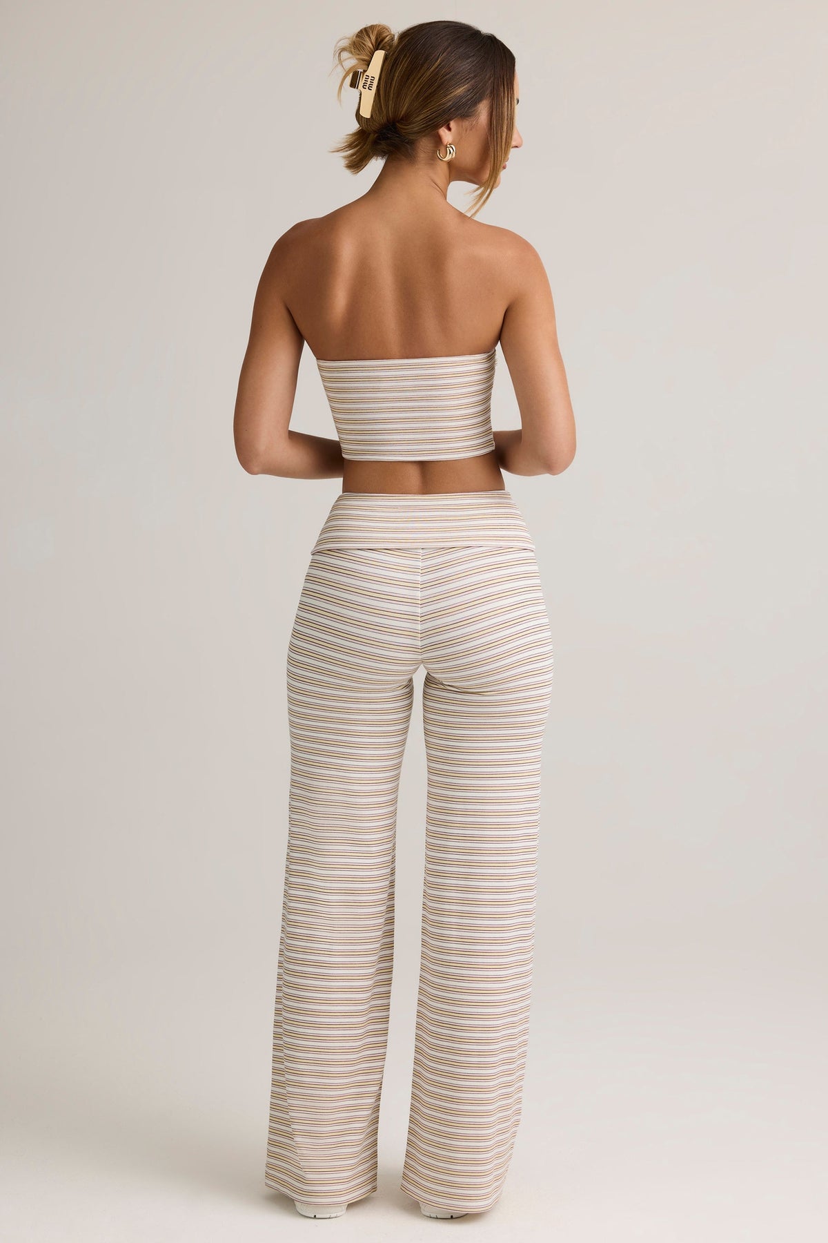 Chic Modal Foldover Wide-Leg Trousers in Pink & Yellow Stripe