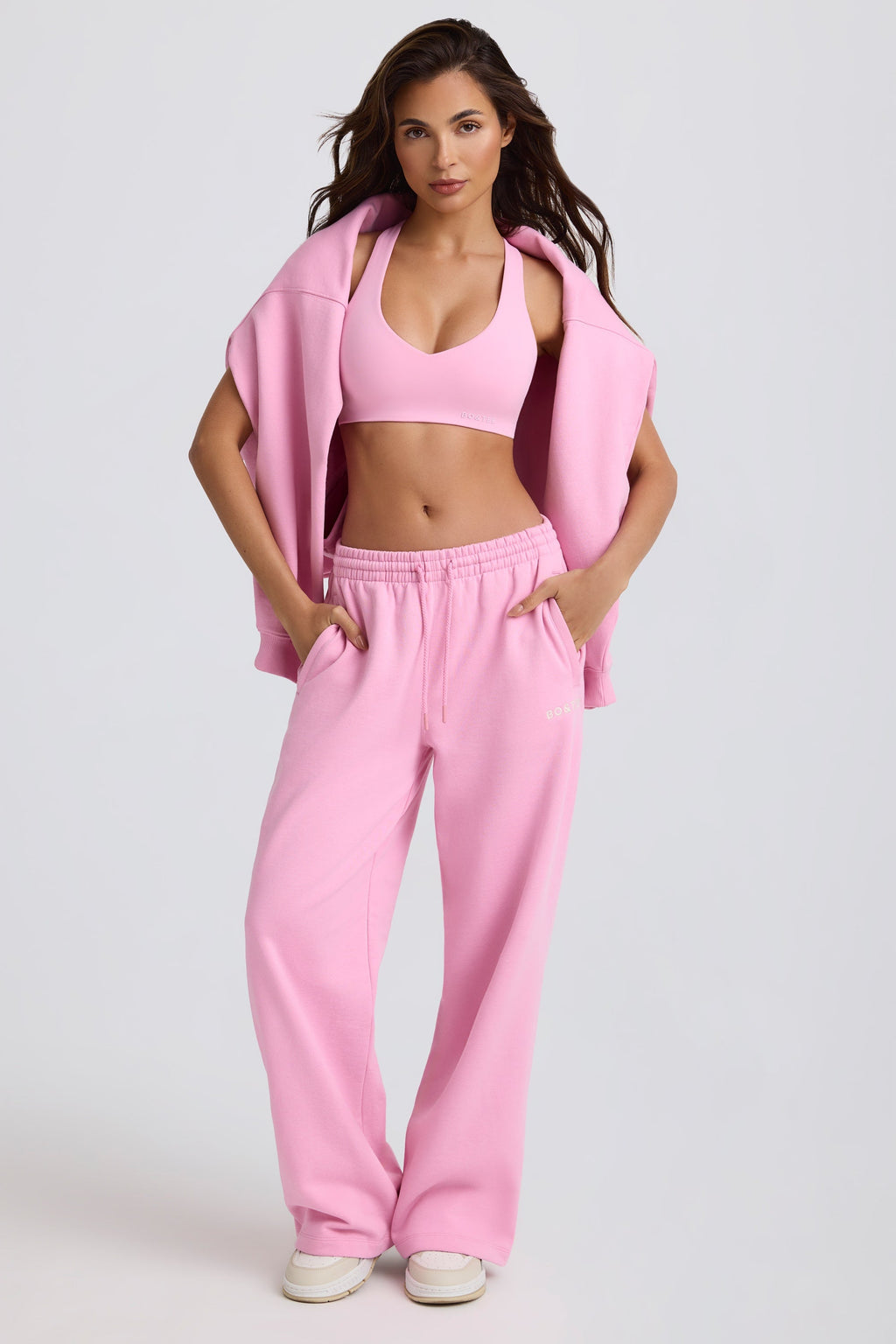 Chic Soft Cotton Jersey Mid-Rise Wide-Leg Joggers in Baby Pink