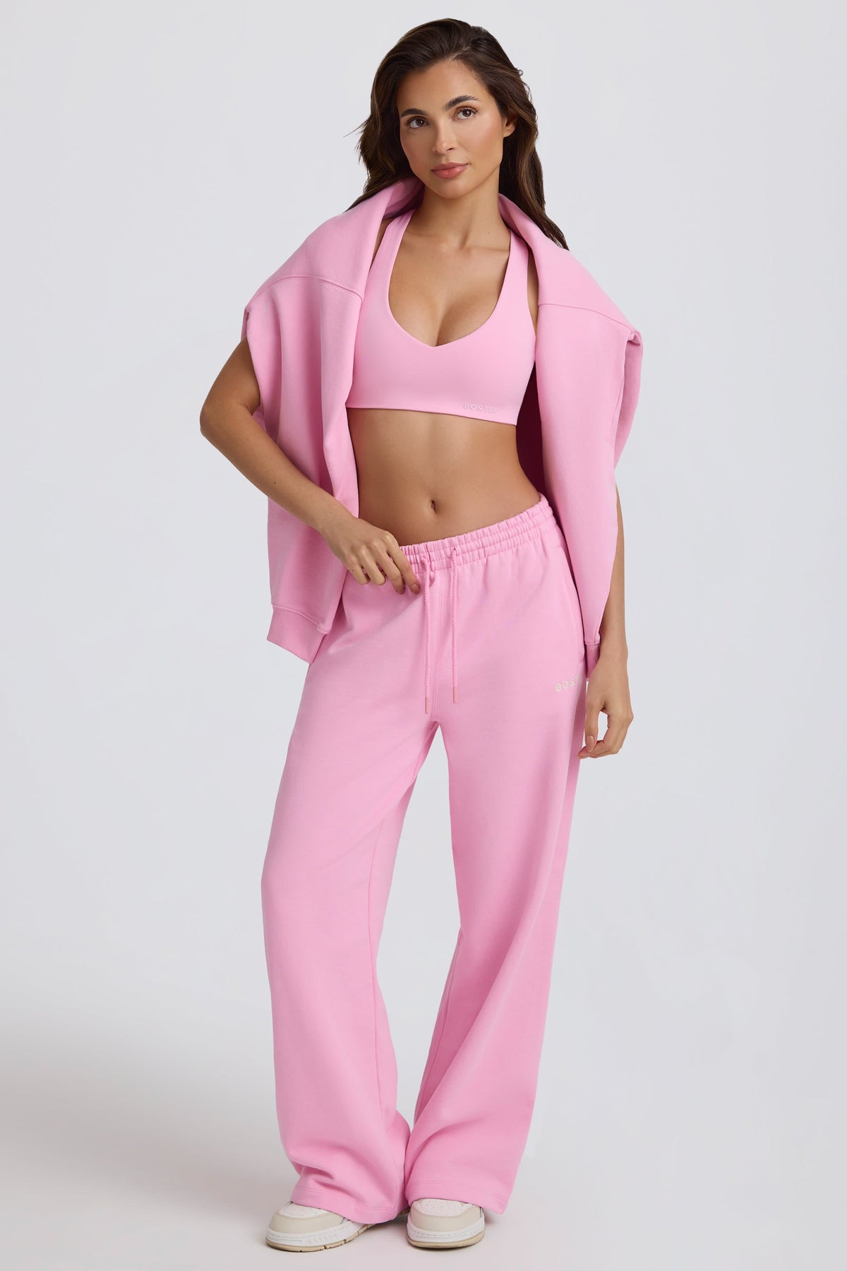 Chic Soft Cotton Jersey Mid-Rise Wide-Leg Joggers in Baby Pink