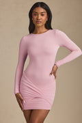 Chic Modal Twist-Front Ruched Backless Mini Dress in Soft Pink