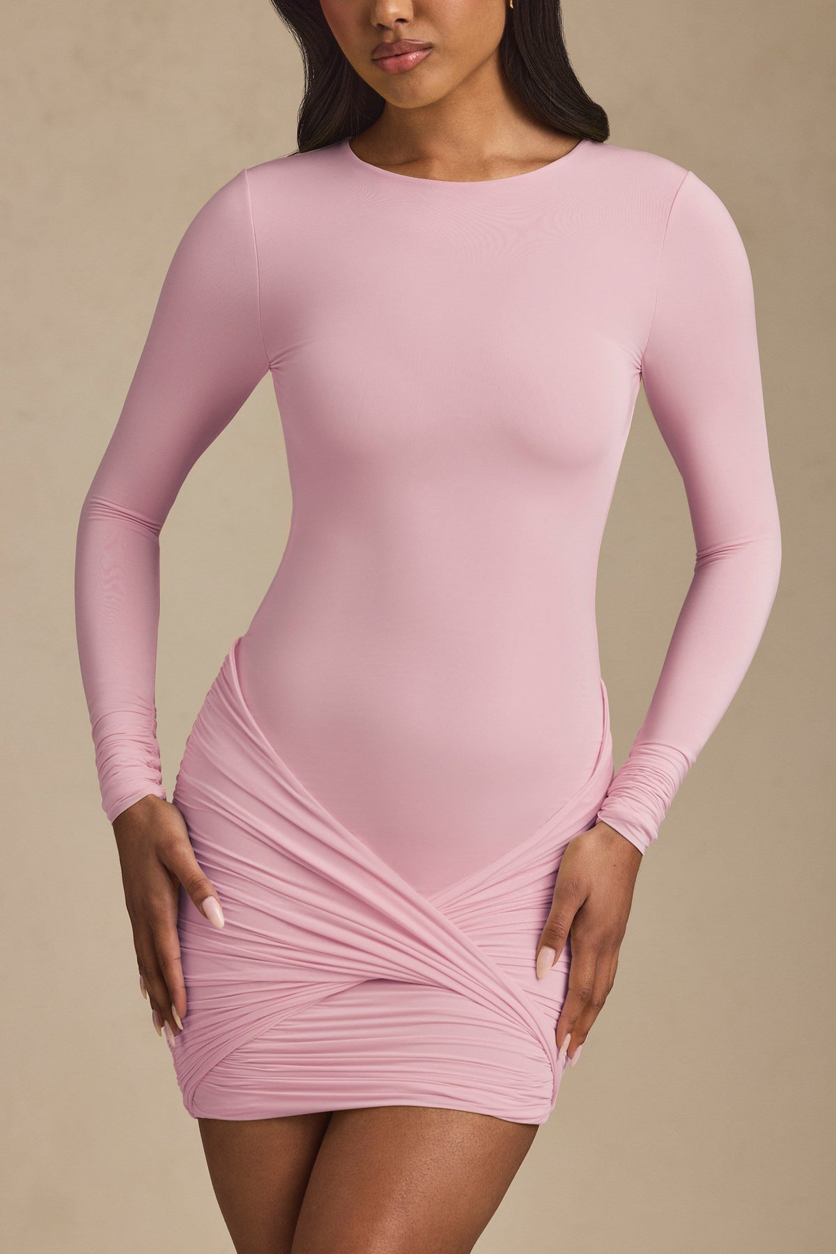 Chic Modal Twist-Front Ruched Backless Mini Dress in Soft Pink
