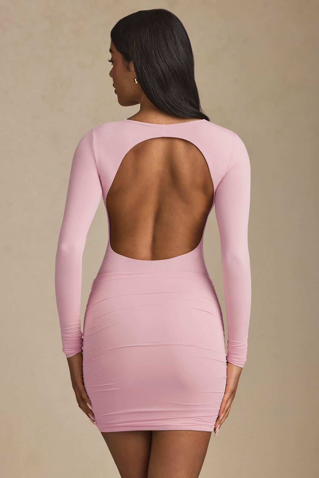 Chic Modal Twist-Front Ruched Backless Mini Dress in Soft Pink
