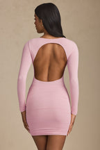 Chic Modal Twist-Front Ruched Backless Mini Dress in Soft Pink