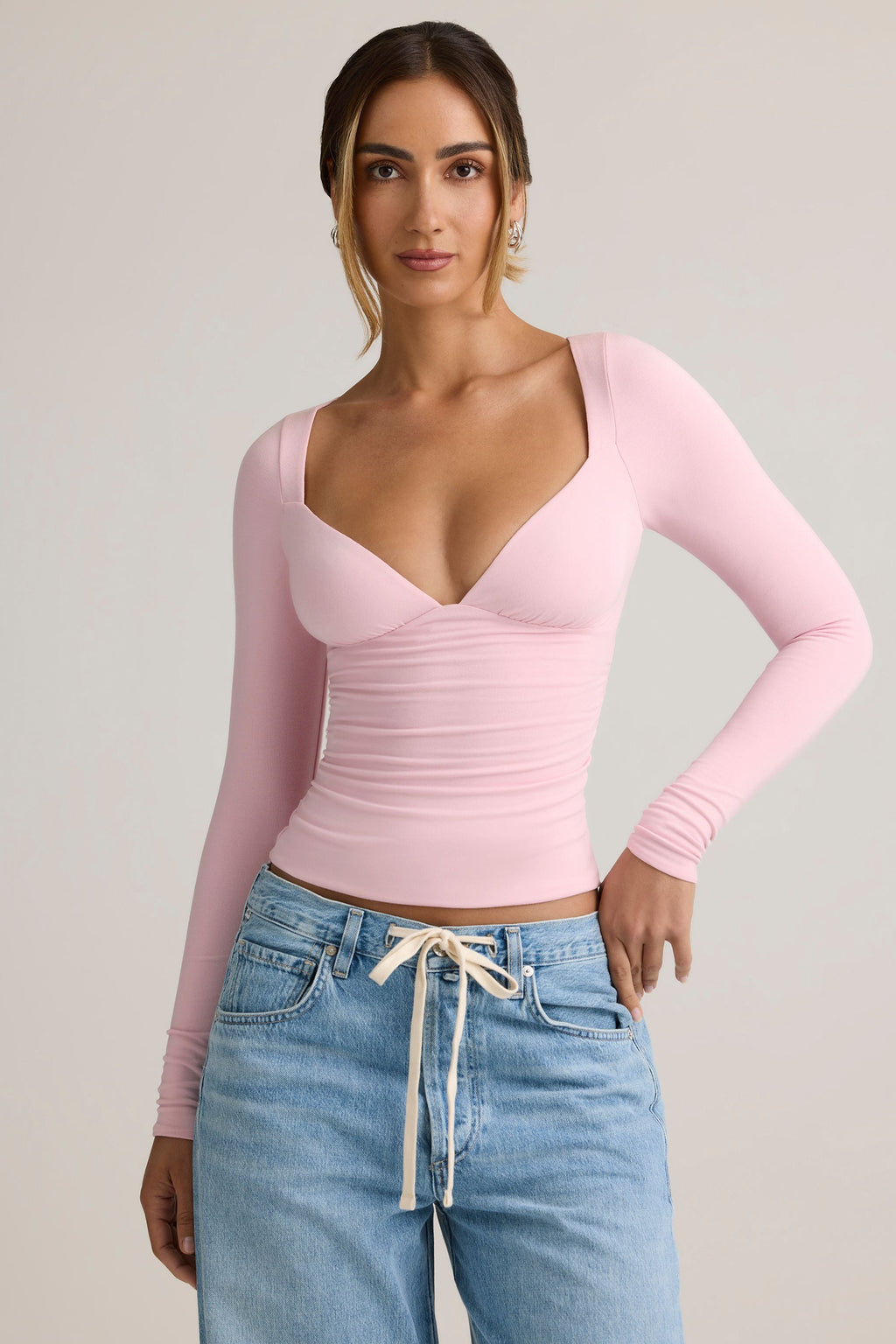 Chic Modal Ruched Long-Sleeve Top in Candyfloss Pink