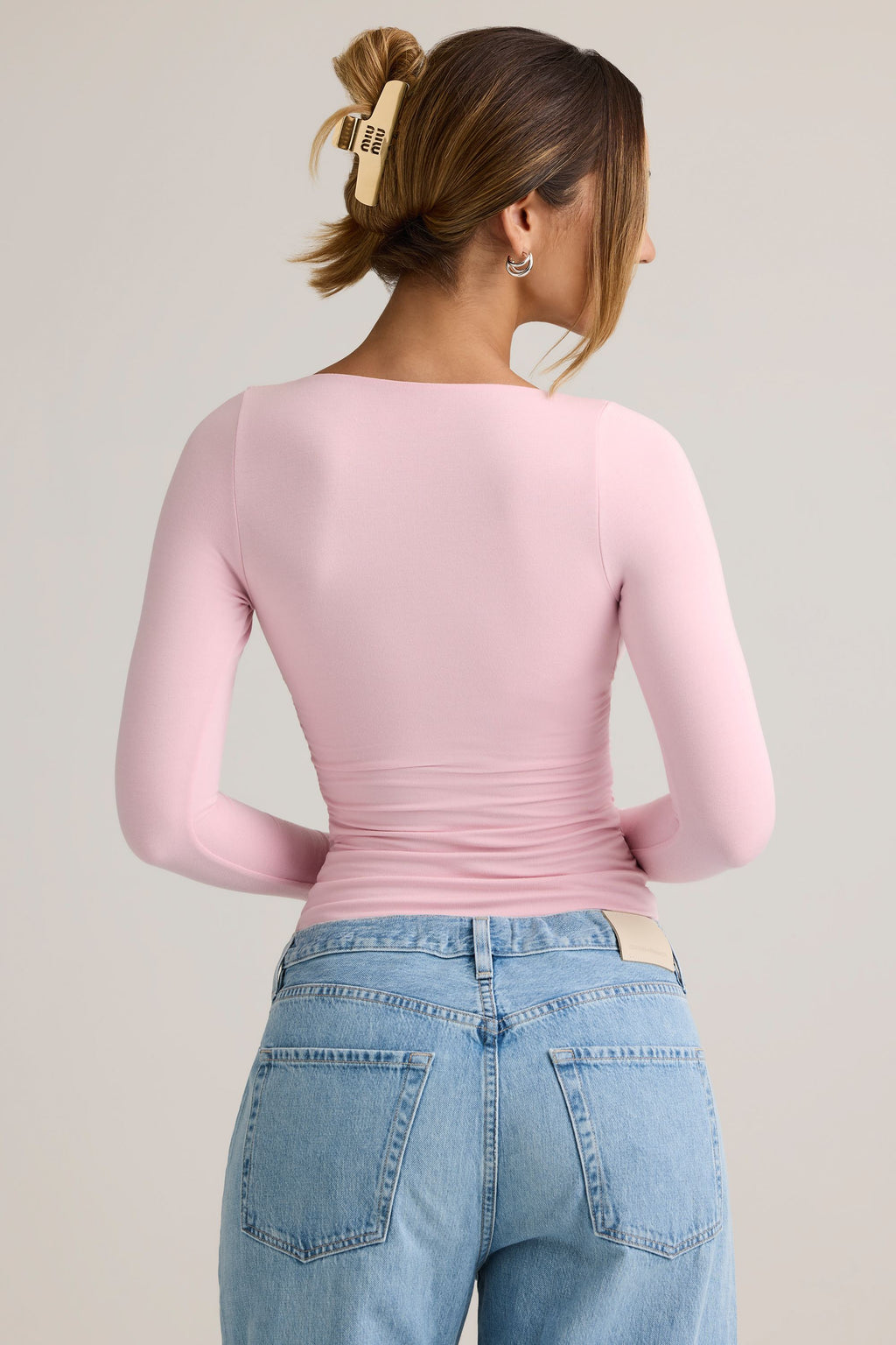 Chic Modal Ruched Long-Sleeve Top in Candyfloss Pink