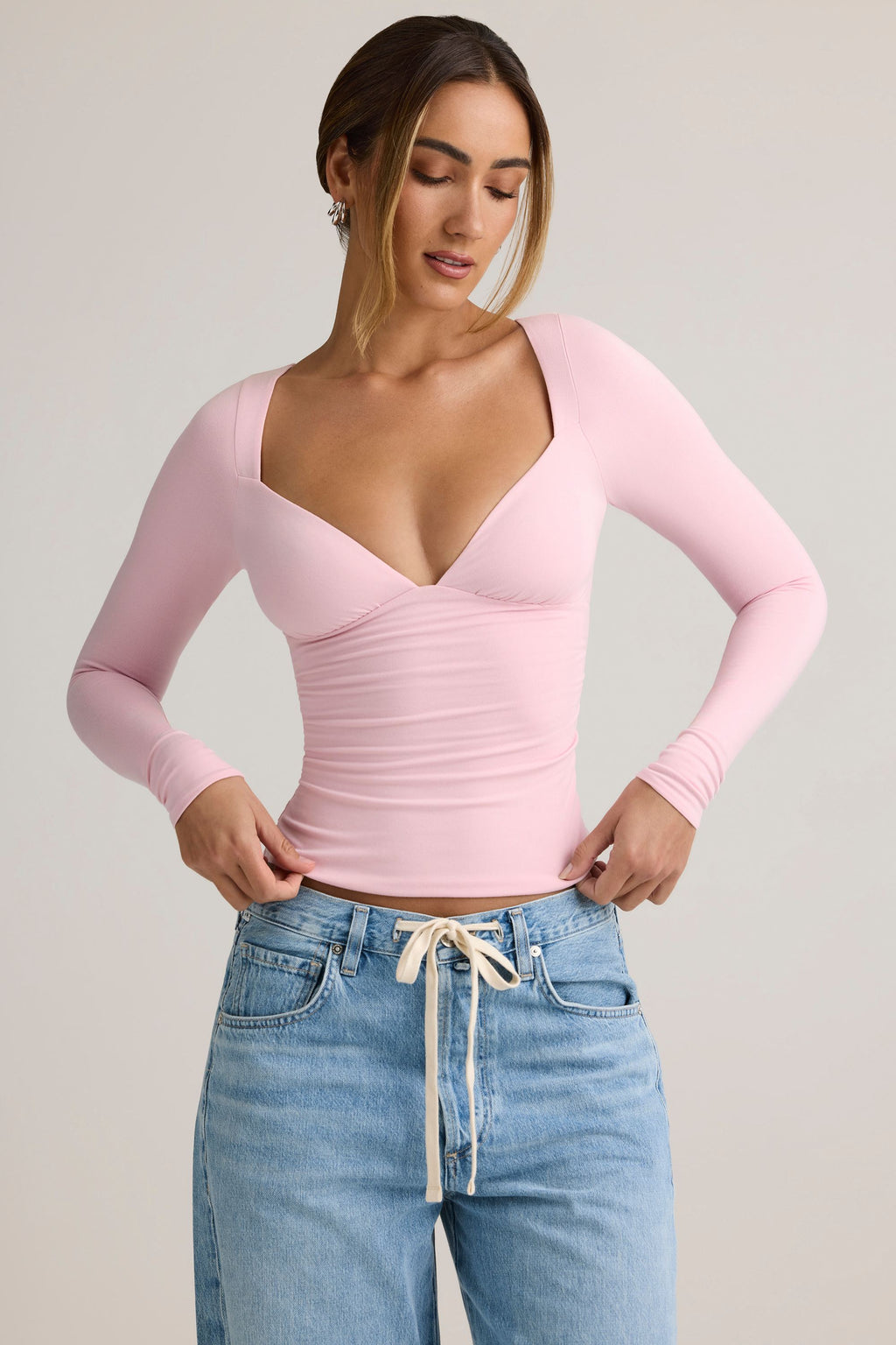 Chic Modal Ruched Long-Sleeve Top in Candyfloss Pink