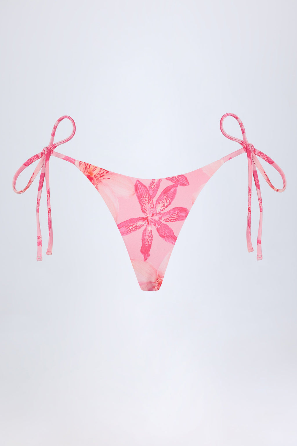 Chic Side-Tie Thong Bikini Bottoms in Pink Orchid Print