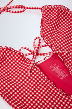 Chic Ruffled Cut-Out Halterneck Swimsuit in Red Gingham