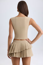 Chic Layered Pleated Low-Rise Mini Skirt in Camel