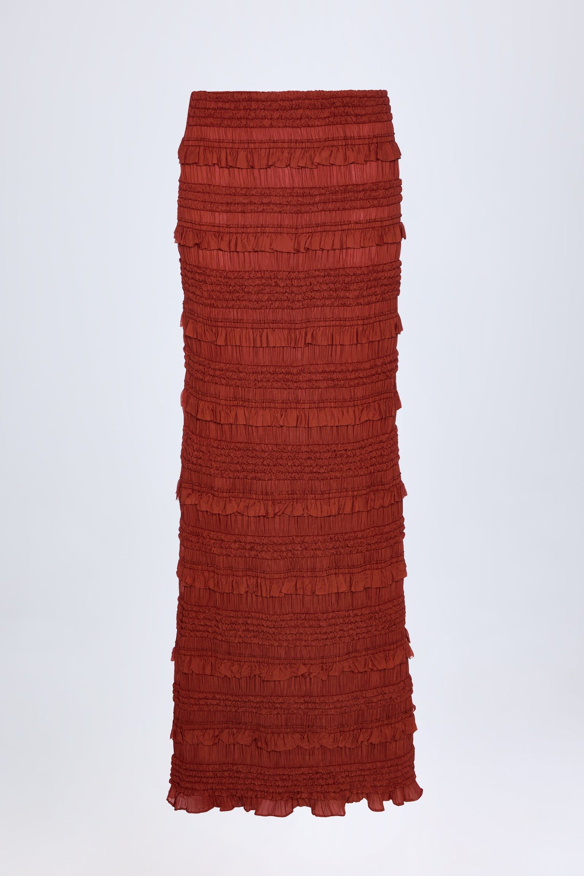 Chic Ruffled Mid-Rise Maxi Skirt in Burnt Red