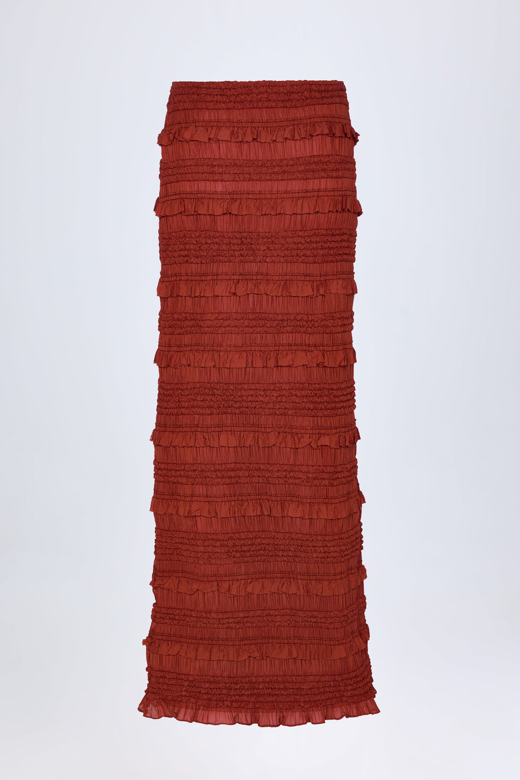 Chic Ruffled Mid-Rise Maxi Skirt in Burnt Red