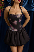 Chic Halterneck Lace-Up Bubble Hem Mini Dress in Black Floral Print