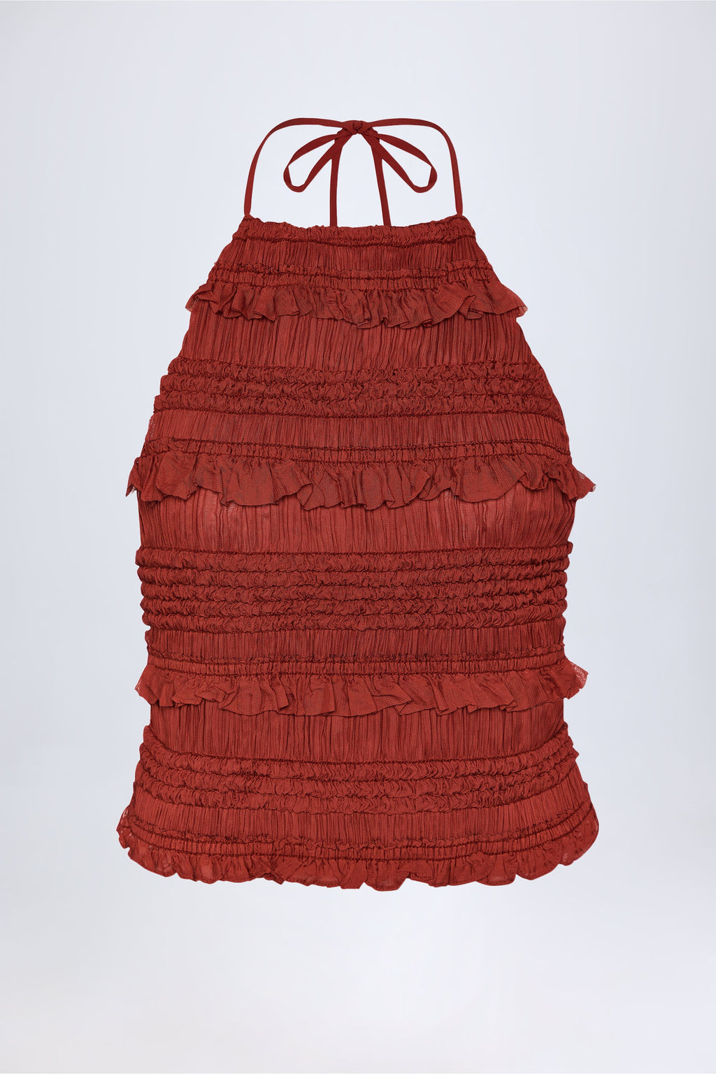 Chic Ruffled High-Neck Backless Top in Burnt Red
