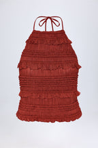 Chic Ruffled High-Neck Backless Top in Burnt Red