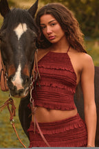 Chic Ruffled High-Neck Backless Top in Burnt Red